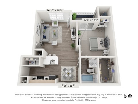 Floor plan for 1 bed, 1 bath, 742 sqft